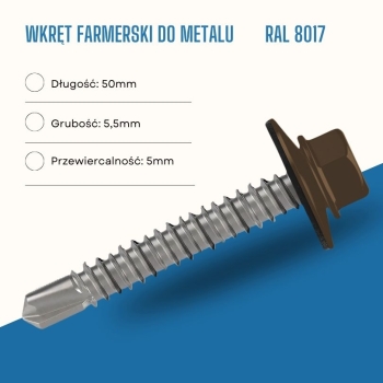 Wkręt farmerski do metalu 5,5X50 mm przewiercalność 5 mm w kolorze RAL 8017